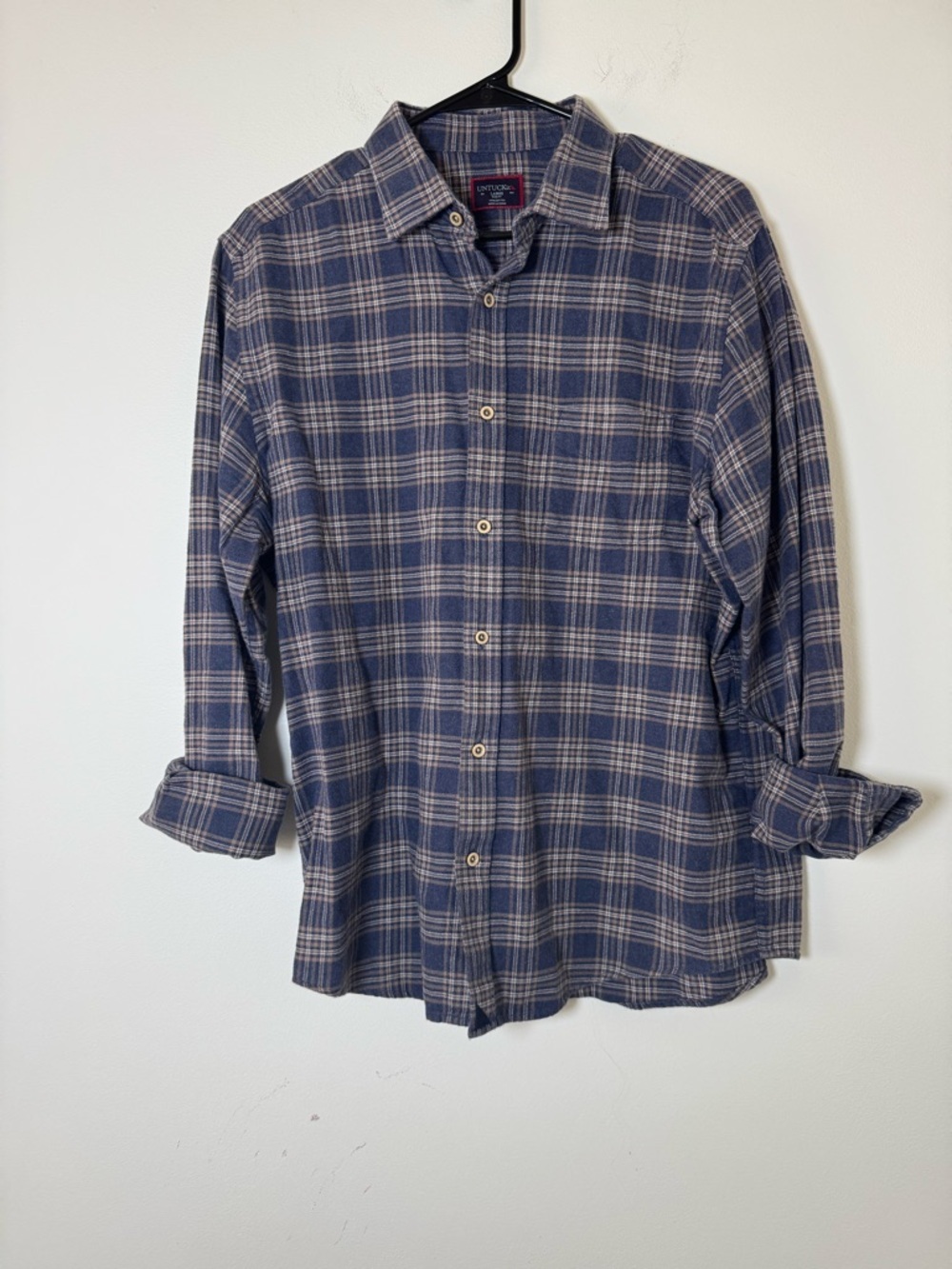 UNTUCKit Men’s Plaid Button Down Shirt Blue Brown Size Large Slim Fit Cotton